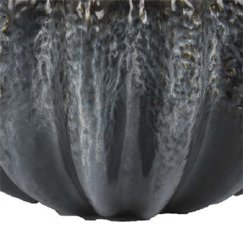 Benjara Decorative Bowl- Aqua Gray Ceramic- Fluted Scalloped Sides- 13 Inch