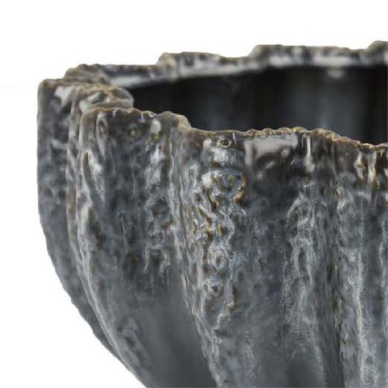 Benjara Decorative Bowl- Aqua Gray Ceramic- Fluted Scalloped Sides- 13 Inch