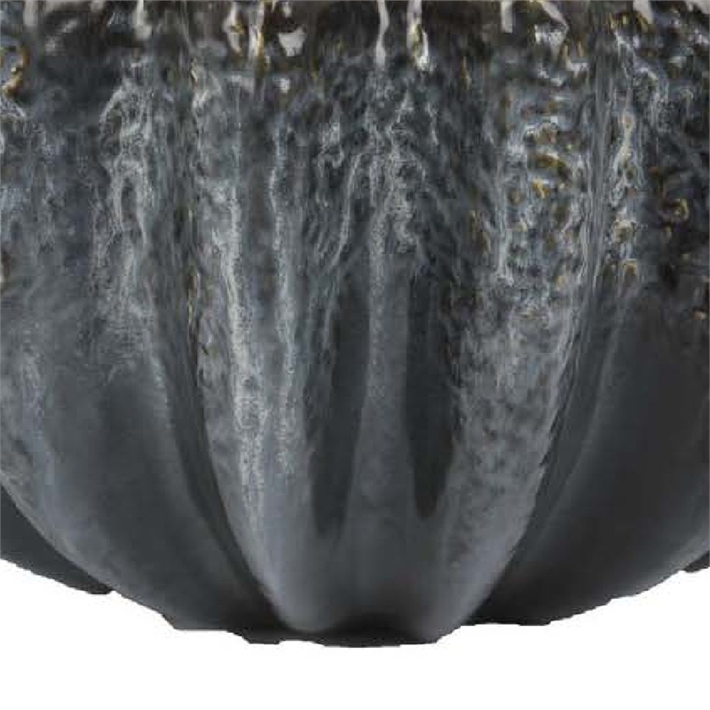 Benjara Decorative Bowl- Aqua Gray Ceramic- Fluted Scalloped Sides- 13 Inch