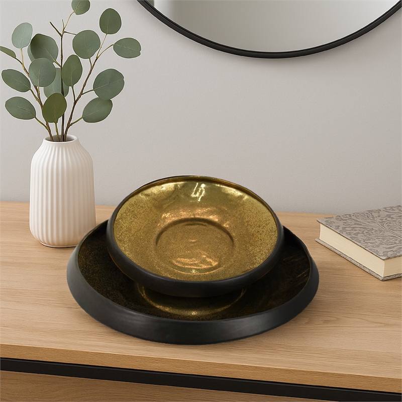 Benjara Rema Decorative Tabletop Bowls Set of 2- Modern Gold and Black Ceramic