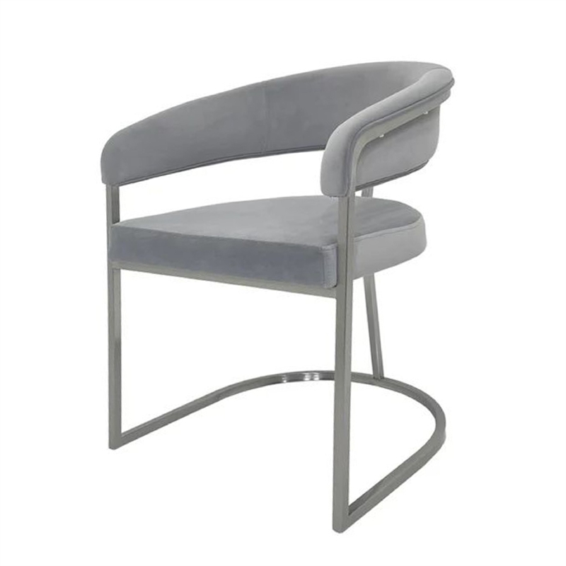 Benjara Dining Chair- Curved Padded Gray Velvet Backrest- Gold Cantilever Base