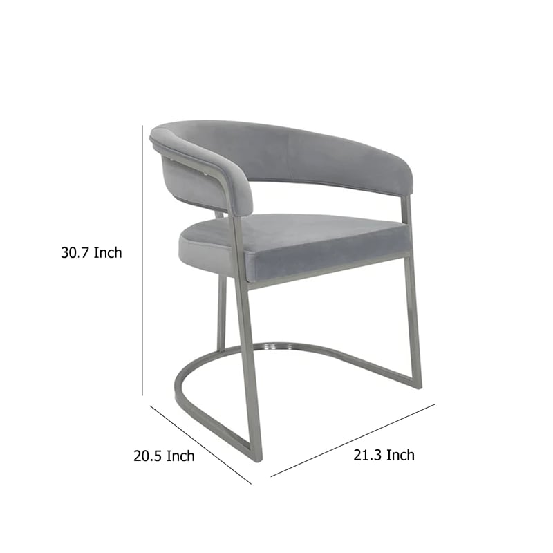 Benjara Dining Chair- Curved Padded Gray Velvet Backrest- Gold Cantilever Base