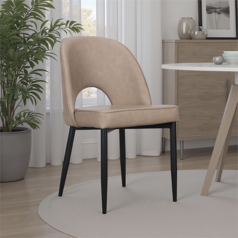 Benjara Koir Set of 2 Dining Chair- Light Taupe Faux Leather- Cut Out Backrest