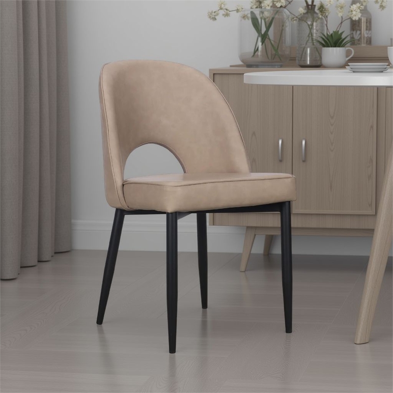 Benjara Koir Set of 2 Dining Chair- Light Taupe Faux Leather- Cut Out Backrest