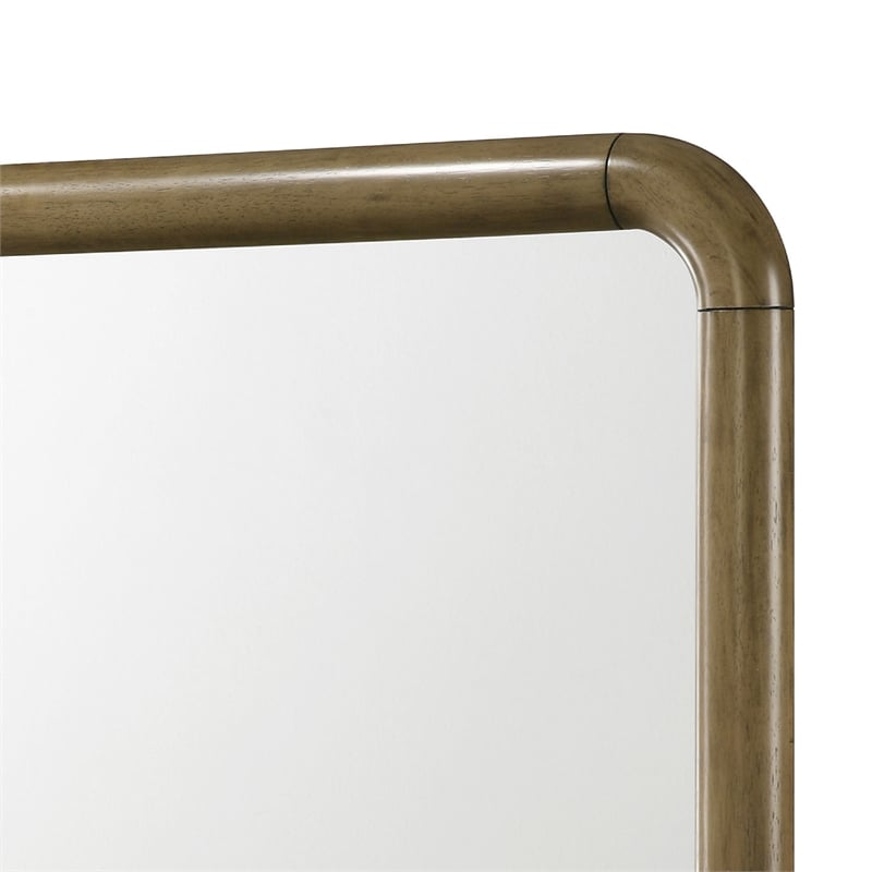 Benjara Deon Dresser Mirror- Brown Wood- Round Frame with Curved Top- 37 Inch