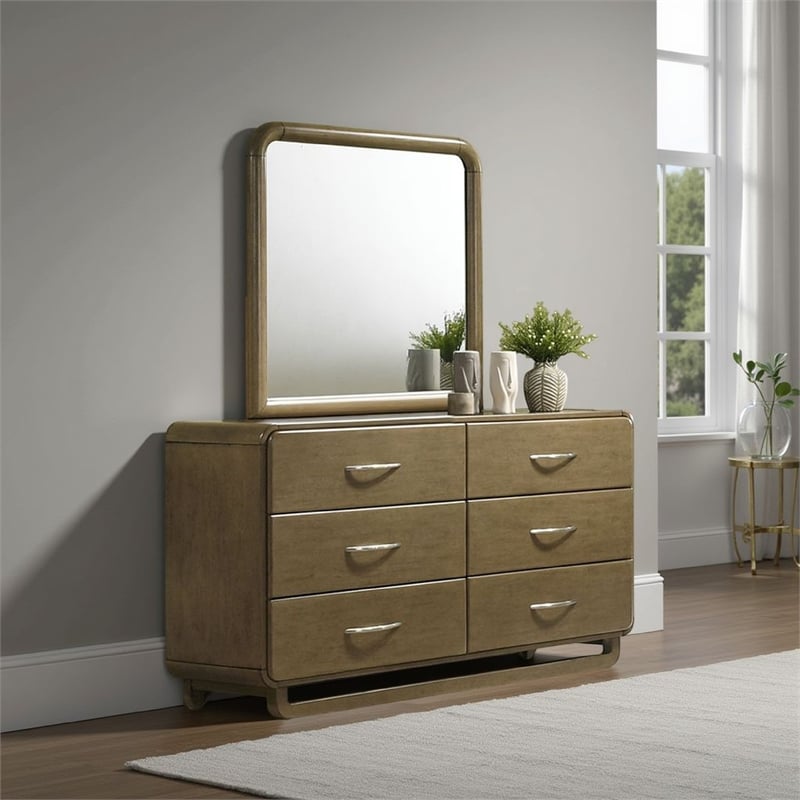 Benjara Deon Dresser Mirror- Brown Wood- Round Frame with Curved Top- 37 Inch