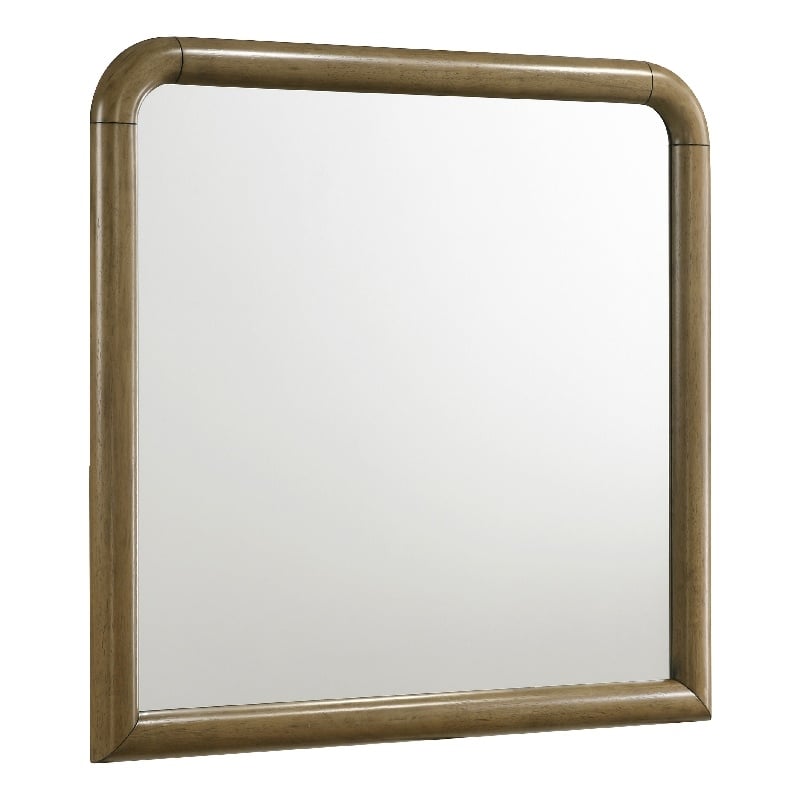 Benjara Deon Dresser Mirror- Brown Wood- Round Frame with Curved Top- 37 Inch