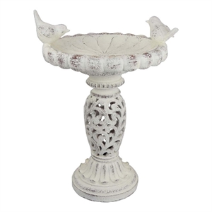 Benjara Niam Bird Bath Sculpture- 26&quot Weathered White Scrolled Resin