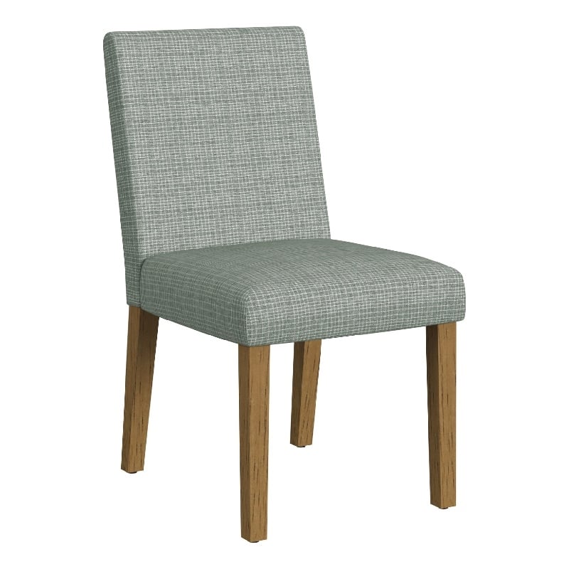 Benjara Kip Dining Chair- Honey Oak Wood- Green Mini Grid Pattern Woven Fabric