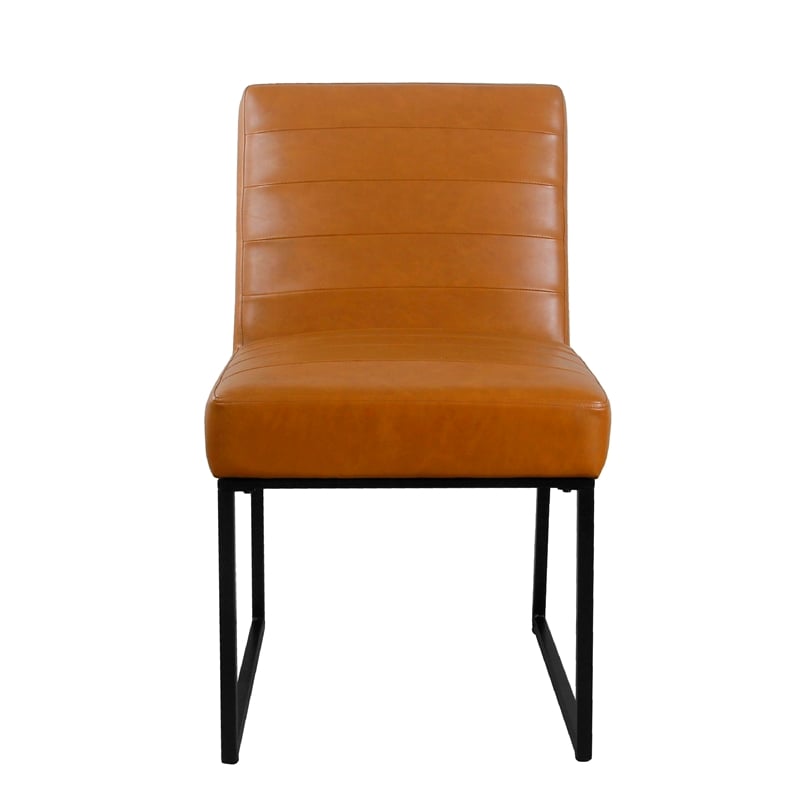 Benjara Dining Chair- Black Metal- Caramel Brown Channel Stitched Faux Leather