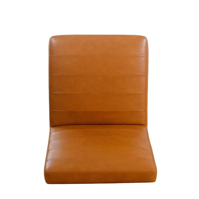 Benjara Dining Chair- Black Metal- Caramel Brown Channel Stitched Faux Leather