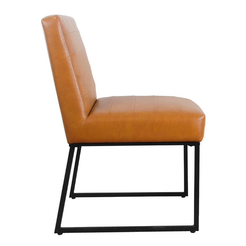 Benjara Dining Chair- Black Metal- Caramel Brown Channel Stitched Faux Leather