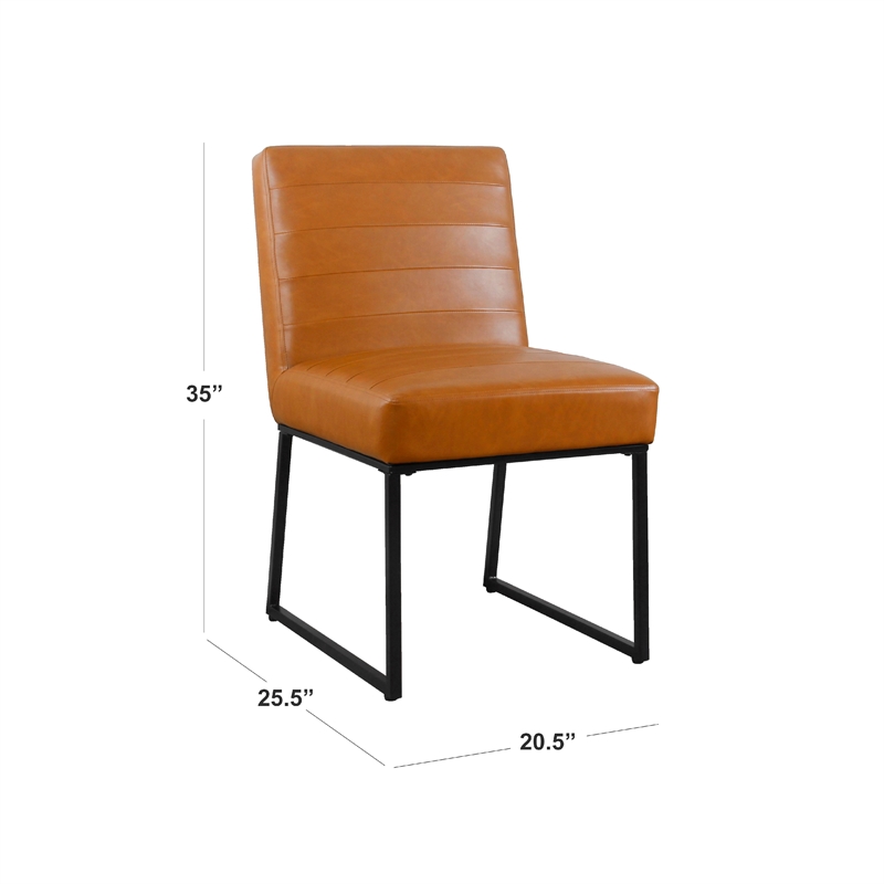 Benjara Dining Chair- Black Metal- Caramel Brown Channel Stitched Faux Leather