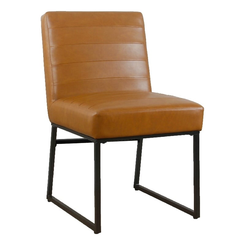 Benjara Dining Chair- Black Metal- Caramel Brown Channel Stitched Faux Leather