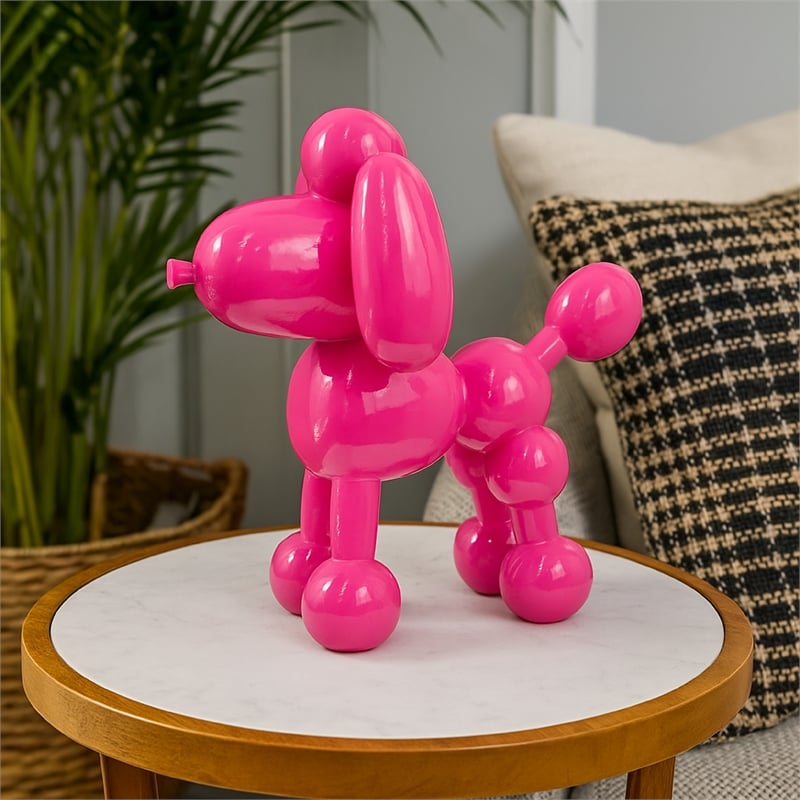 Benjara Balloon Dog Accent Decor- Bright Pink Resin- Intricate Details 12 Inch