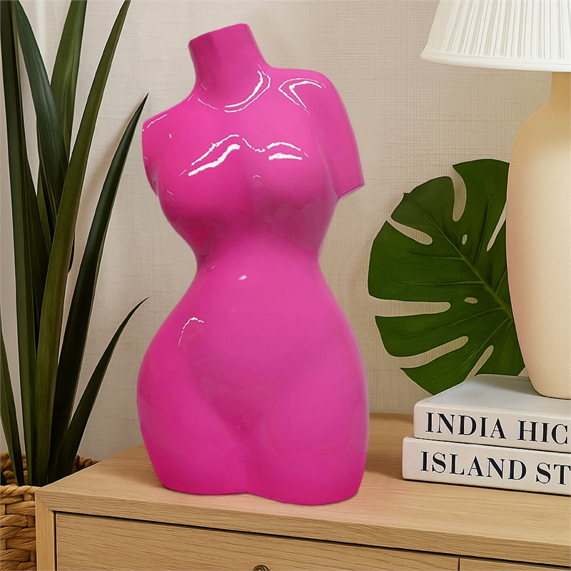 Benjara Female Torso Tabletop Decor- Bright Pink Resin Sculptural Bust 16 Inch