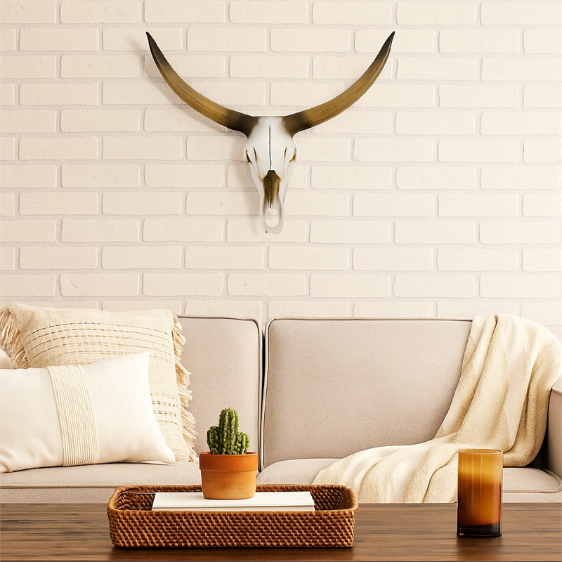 Benjara Kriya Sculpture- Longhorn Bull Skull Curved Horns- White Resin 19 Inch
