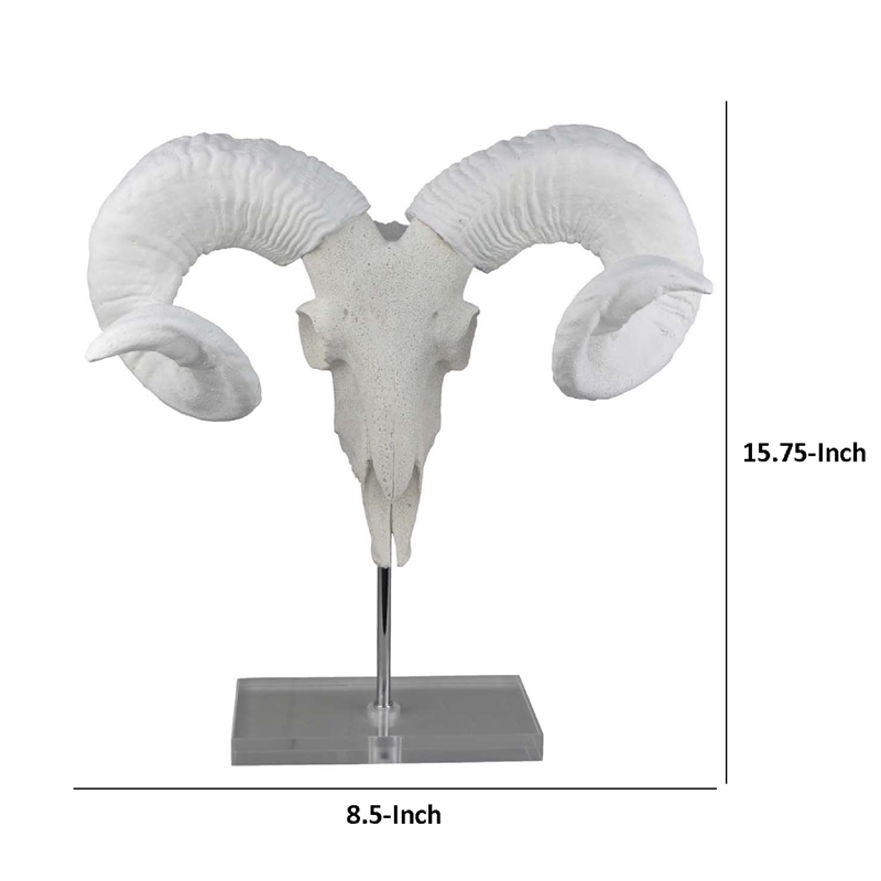 Benjara Mitch Bighead Sheep Ram Sculpture w Curved Horns- White Resin 16 Inch