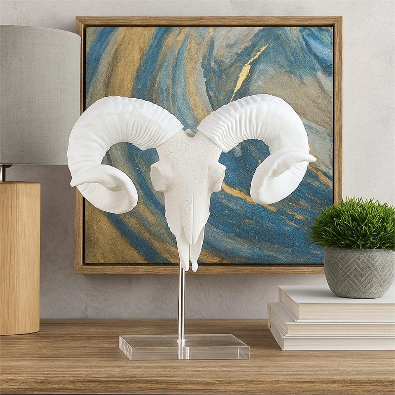 Benjara Mitch Bighead Sheep Ram Sculpture w Curved Horns- White Resin 16 Inch