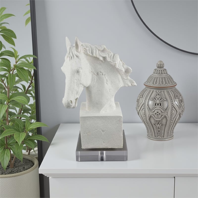 Benjara Horse Head Decor- White Resin Frame- Gray Acrylic Base 13 Inch