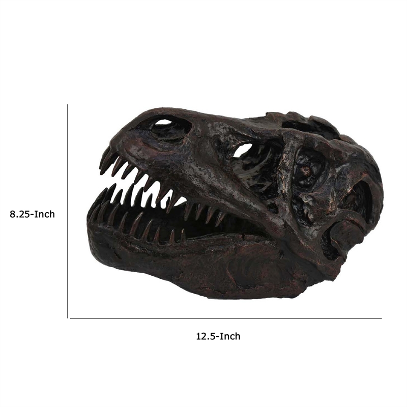 Benjara T Rex Skull Decor- Fossil Inspired Dark Brown and Black Resin- 13 Inch