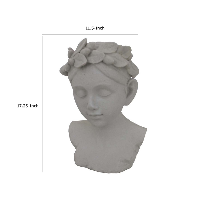 Benjara Sanie Decorative Female Bust with Floral Crown- Gray Resin 17 Inch