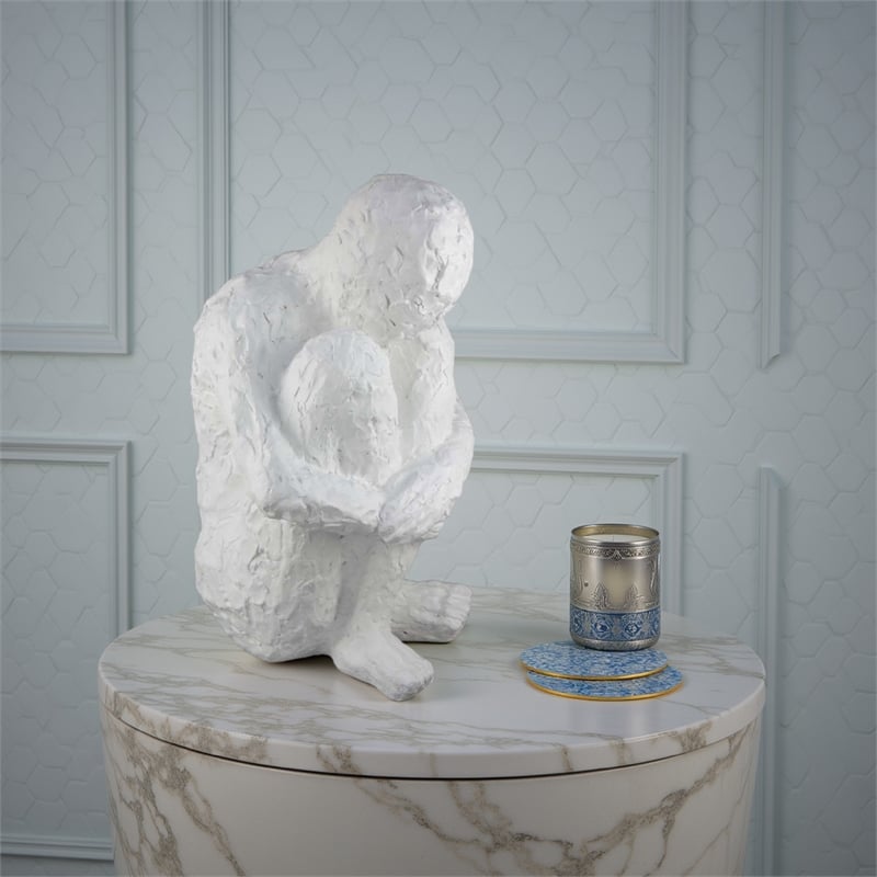 Benjara Roy Abstract Contemplative Man Figurine- White Resin Art- 27 Inch