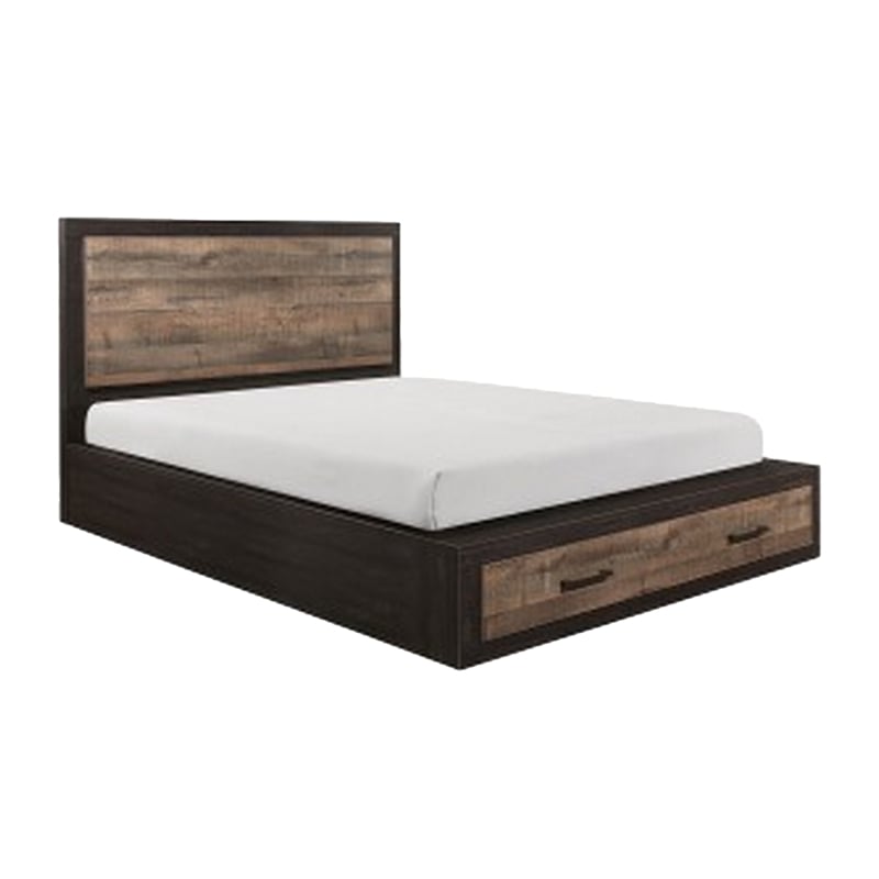 Benjara Mayo 4 Pc Queen Bedroom Set w/ 2 Drawer Footboard- 2 Tone Rustic Brown