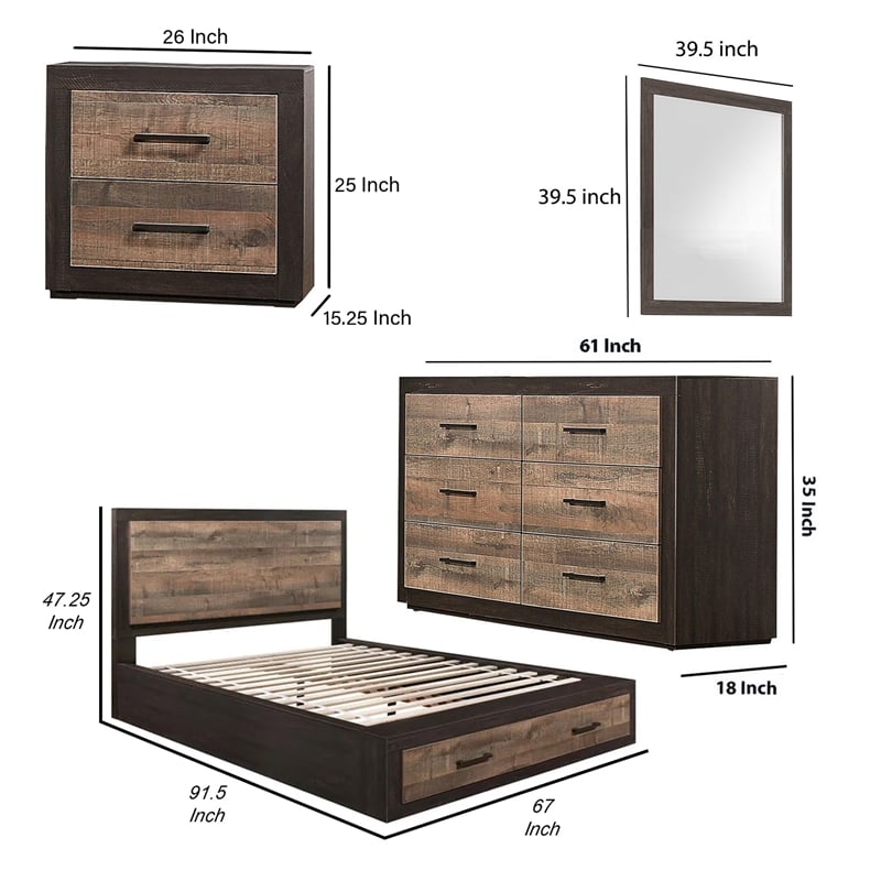 Benjara Mayo 4 Pc Queen Bedroom Set w/ 2 Drawer Footboard- 2 Tone Rustic Brown