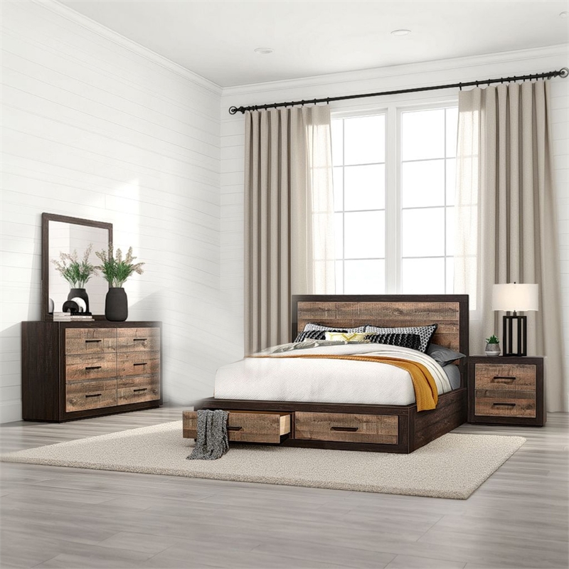 Benjara Mayo 4 Pc Queen Bedroom Set w/ 2 Drawer Footboard- 2 Tone Rustic Brown