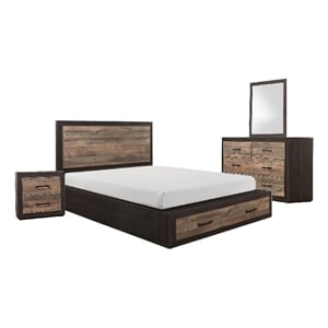Benjara Mayo 4 Pc Queen Bedroom Set w/ 2 Drawer Footboard- 2 Tone Rustic Brown