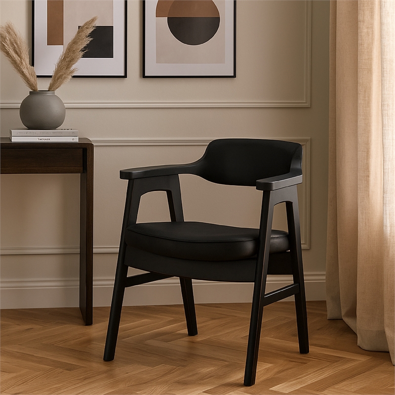 Benjara Zsy Dining Armchair w Curved Back- Black Birch Wood and Faux Leather