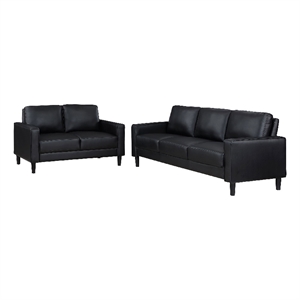 Benjara Rumi 2pc Sofa and Loveseat Set- Modern Track Arms- Black Faux Leather