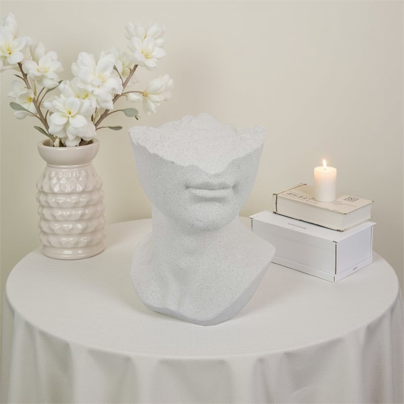 Benjara Head Statuette Tabletop Decor- White Resin- Fragmented Bust- 11 Inch