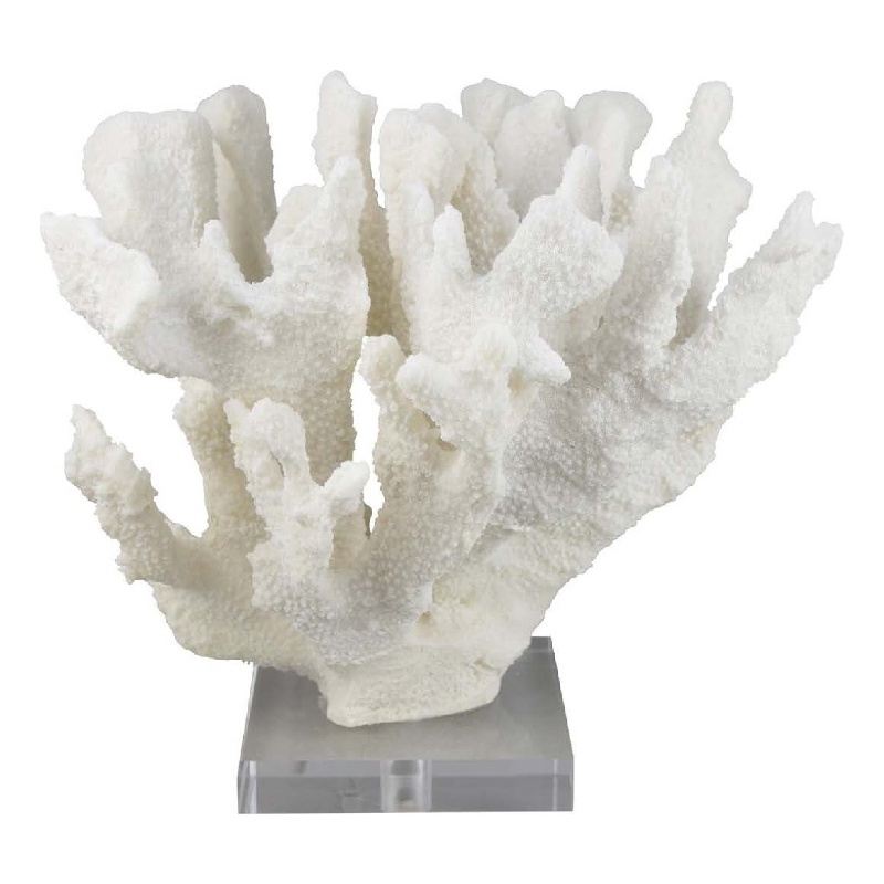 Benjara Manala Coral Sculpture with Clear Acrylic Base- White Resin 12 Inch