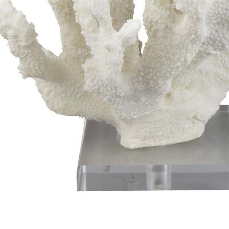 Benjara Manala Coral Sculpture with Clear Acrylic Base- White Resin 12 Inch