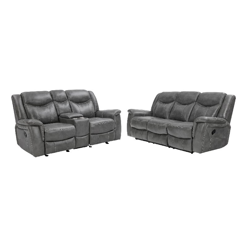 Benjara Conie 2pc Manual Recliner Sofa and Loveseat Set- Gray Faux Leather