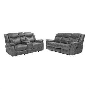 Benjara Conie 2pc Manual Recliner Sofa and Loveseat Set- Gray Faux Leather