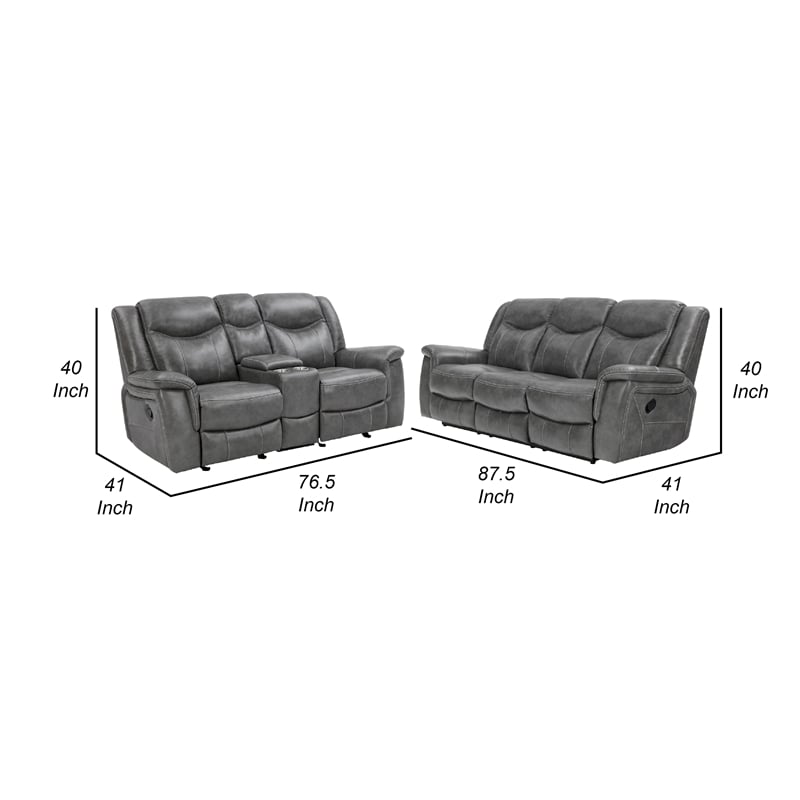 Benjara Conie 2pc Manual Recliner Sofa and Loveseat Set- Gray Faux Leather