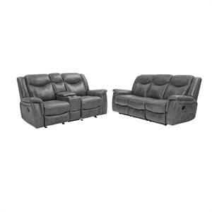 Benjara Conie 2pc Manual Recliner Sofa and Loveseat Set- Gray Faux Leather