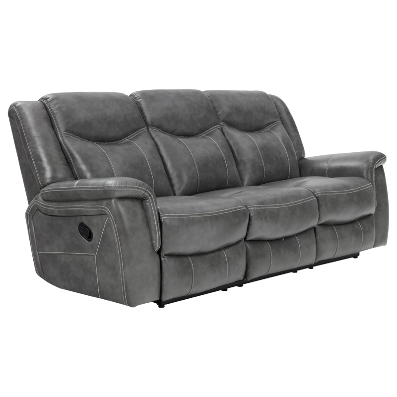 Benjara Conie 2pc Manual Recliner Sofa and Loveseat Set- Gray Faux Leather