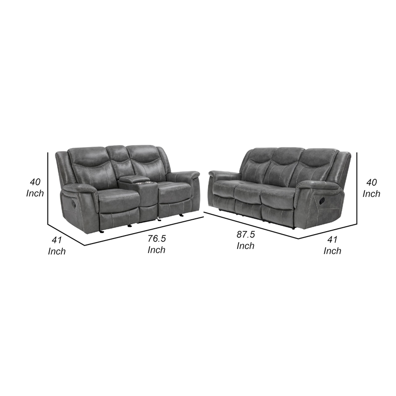 Benjara Conie 2pc Manual Recliner Sofa and Loveseat Set- Gray Faux Leather