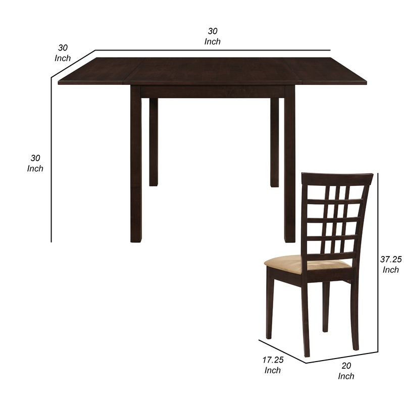 Benjara Elso 4pc Dining Set- Table w Drop Leaf- Brown- 3 Lattice Style Chair