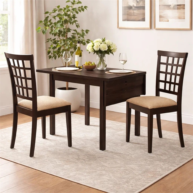 Benjara Elso 4pc Dining Set- Table w Drop Leaf- Brown- 3 Lattice Style Chair