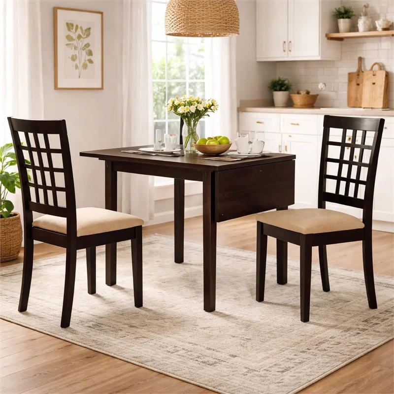 Benjara Elso 4pc Dining Set- Table w Drop Leaf- Brown- 3 Lattice Style Chair