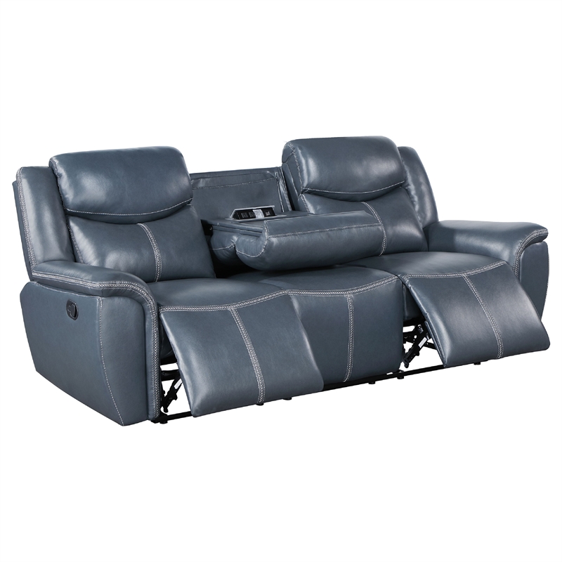 Benjara Eleni 2pc Power Reclining Sofa and Loveseat Set- Blue Faux Leather