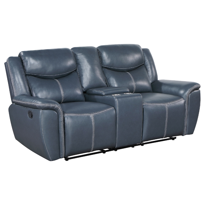 Benjara Eleni 2pc Power Reclining Sofa and Loveseat Set- Blue Faux Leather