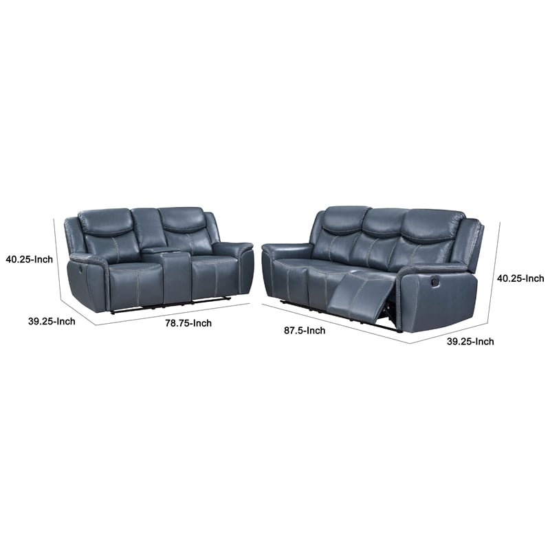 Benjara Eleni 2pc Power Reclining Sofa and Loveseat Set- Blue Faux Leather