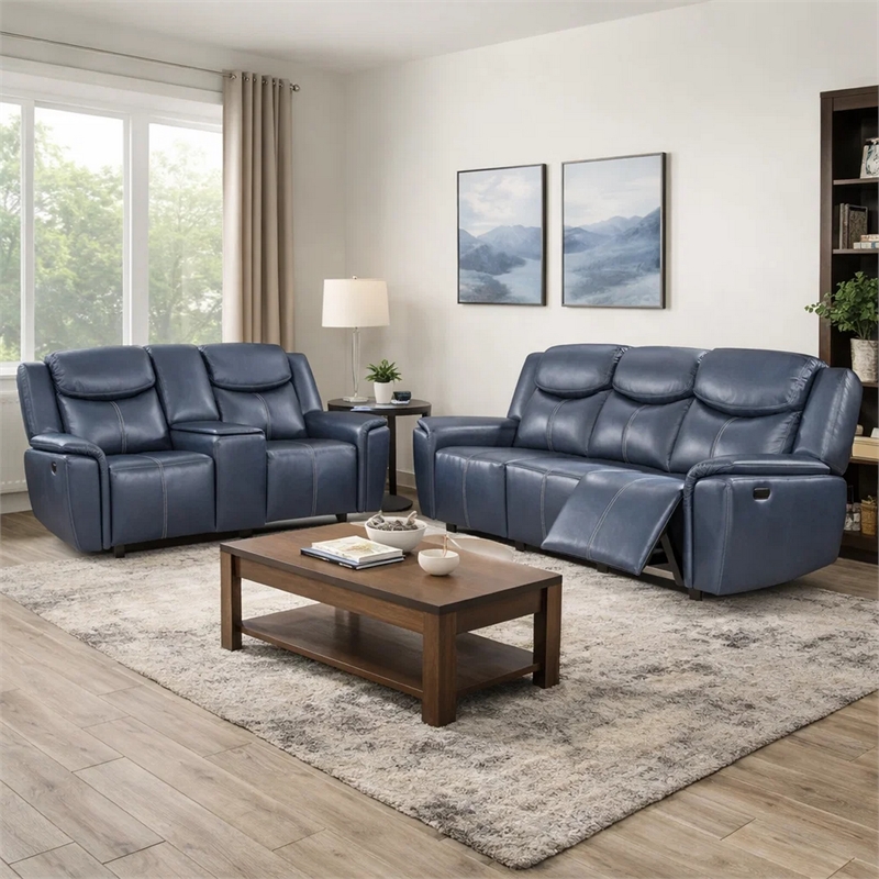 Benjara Eleni 2pc Power Reclining Sofa and Loveseat Set- Blue Faux Leather