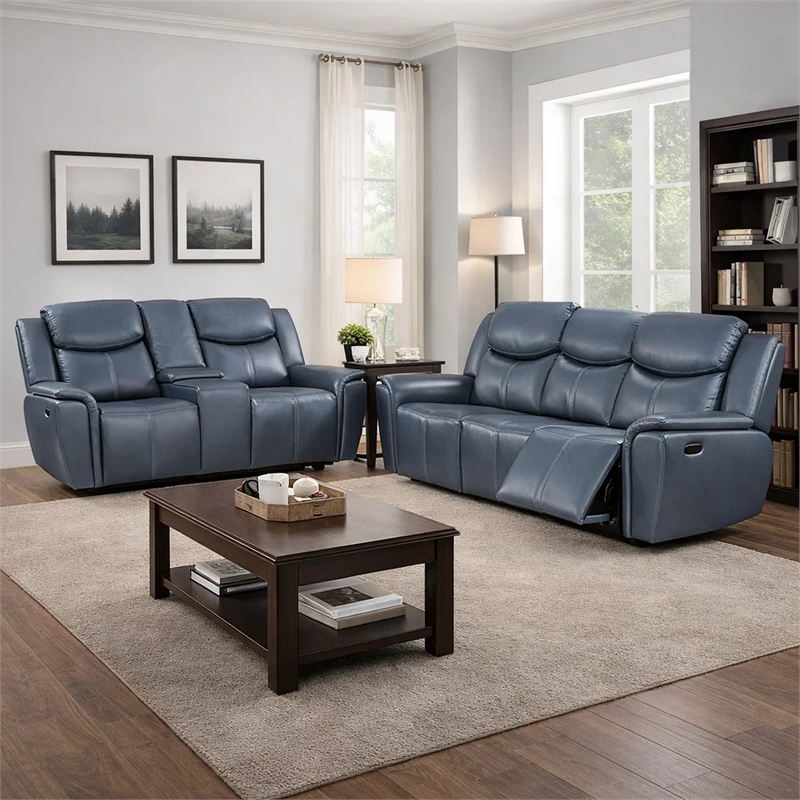 Benjara Eleni 2pc Power Reclining Sofa and Loveseat Set- Blue Faux Leather